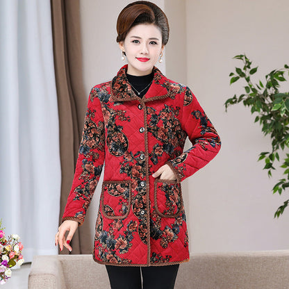 Womens Fashionable Floral-print Warm Plus-size Cotton Coat