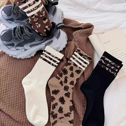 Womens Mid-calf Long Socks Versatile Striped Knee-high Cotton Socks