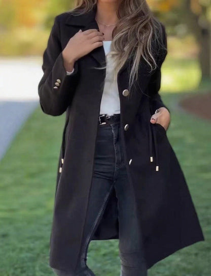 Womens Fashion Solid-color Mid-length Wool Coat With Drawstring And Pockets