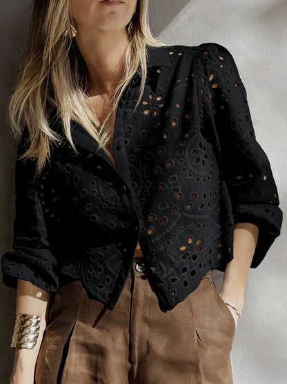 Women's Solid-color Loose-fit Hollow-out Embroidered Short Shirt