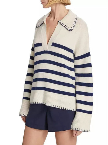2024 Autumn And Winter Cross-border Amazon Loose Stripe Contrast POLO Collar Pullover Sweater New Inter-color Knitted Sweater For Women