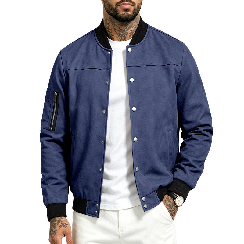 Mens Suede-Blend Casual Sporty Stand-Neck Jacket With Buttons