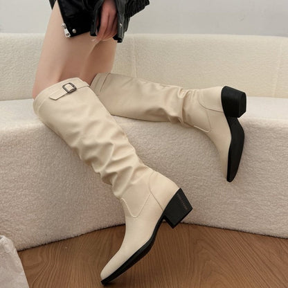 Women Beige Slouchy Knee High Boots Square Buckle Block Heel Pointed Toe Western Knight Boots