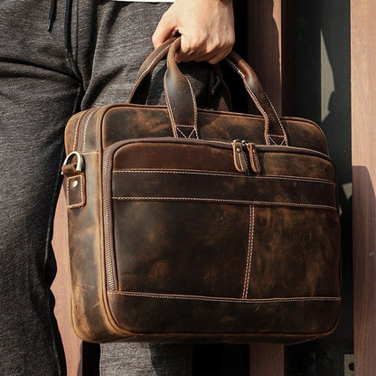Retro Crazy Horse Leather Multi-Functional Shoulder Briefcase