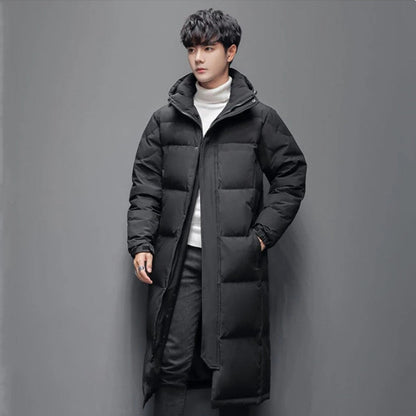 Mens Long Winter White Duck Down Hooded Coat That Goes Below The Knee