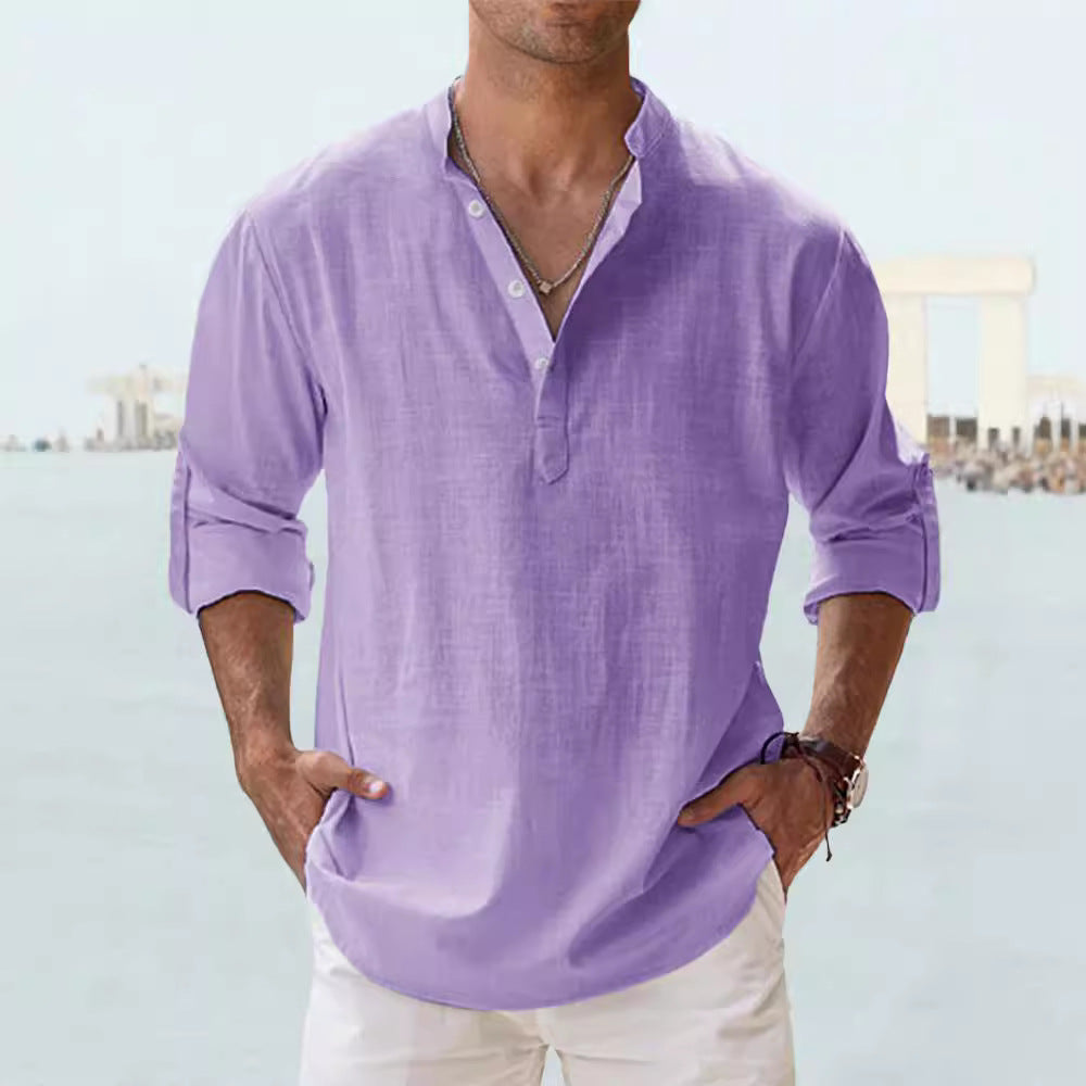 Trade Men's Linen Collar Long-sleeved T-shirt Loose T-shirt Solid Color Long-sleeved Cotton And Linen Shirt For Men