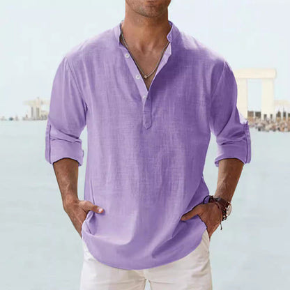 Trade Men's Linen Collar Long-sleeved T-shirt Loose T-shirt Solid Color Long-sleeved Cotton And Linen Shirt For Men