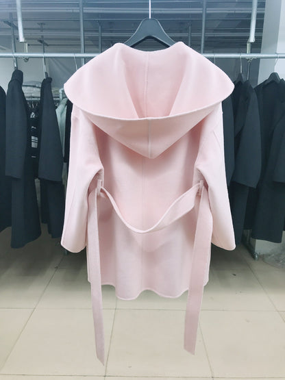 Womens Hooded Loose-fit Double-faced Cashmere Coat