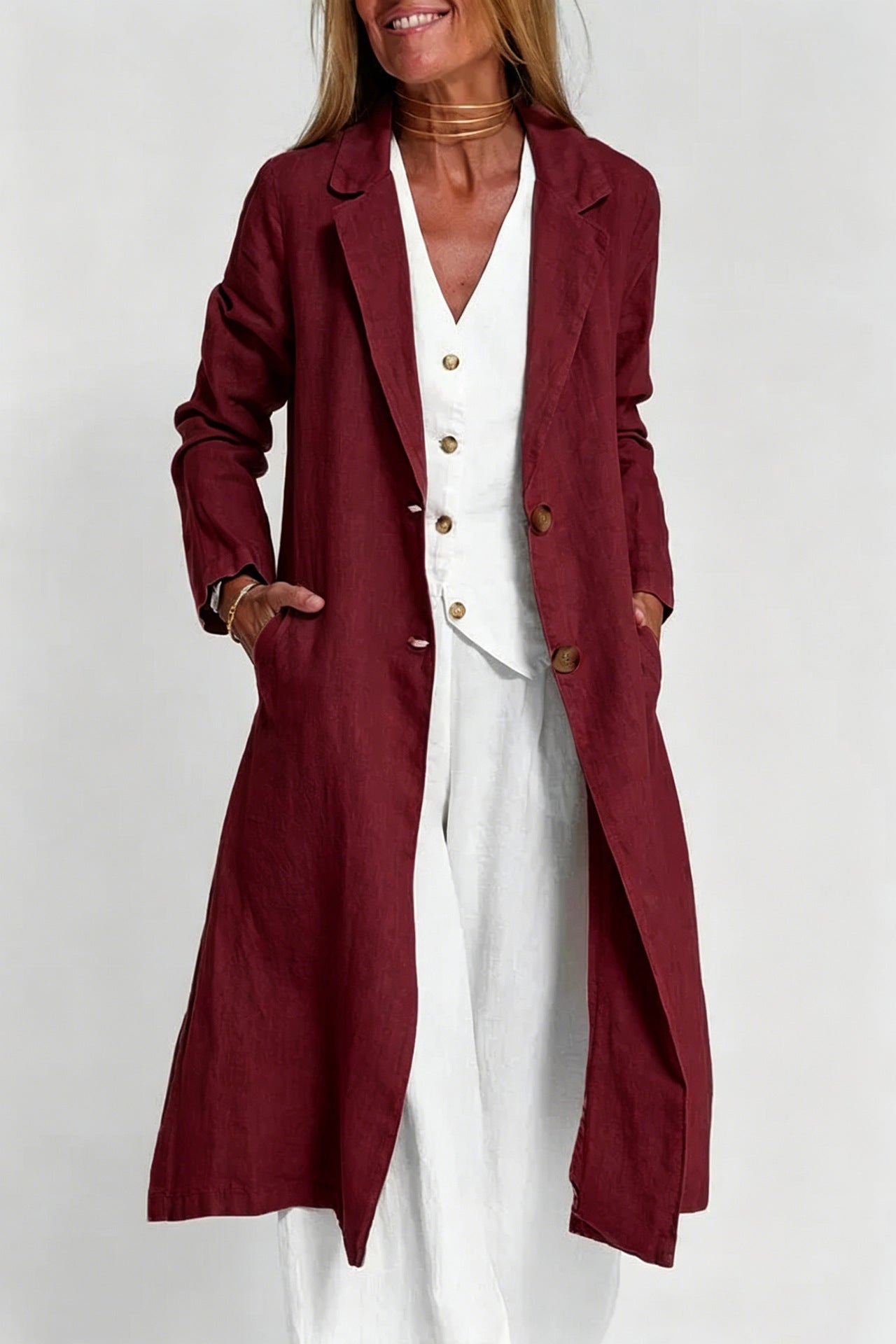Long-sleeve Buttoned Cotton-linen Trench Coat With A Suit Collar