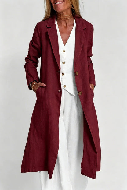 Long-sleeve Buttoned Cotton-linen Trench Coat With A Suit Collar