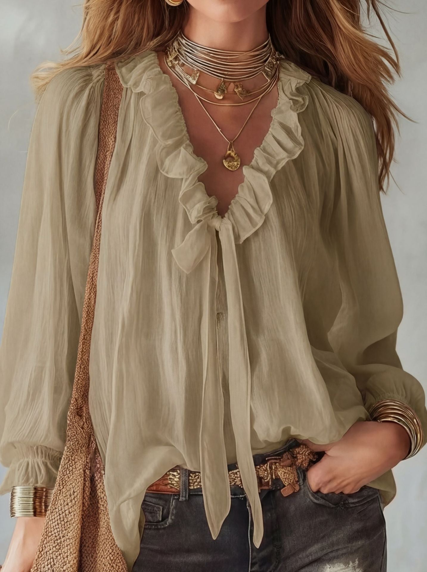 Casual Loose Fashion Ruffle Tie V-neck Shirt Top