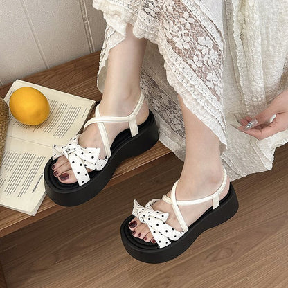 Women's Gentle French Polka Dot Bow Open-Toe Sandals, New 2026 Spring & Summer Thick-Sole Height-Increasing Non-Slip Roman Shoes