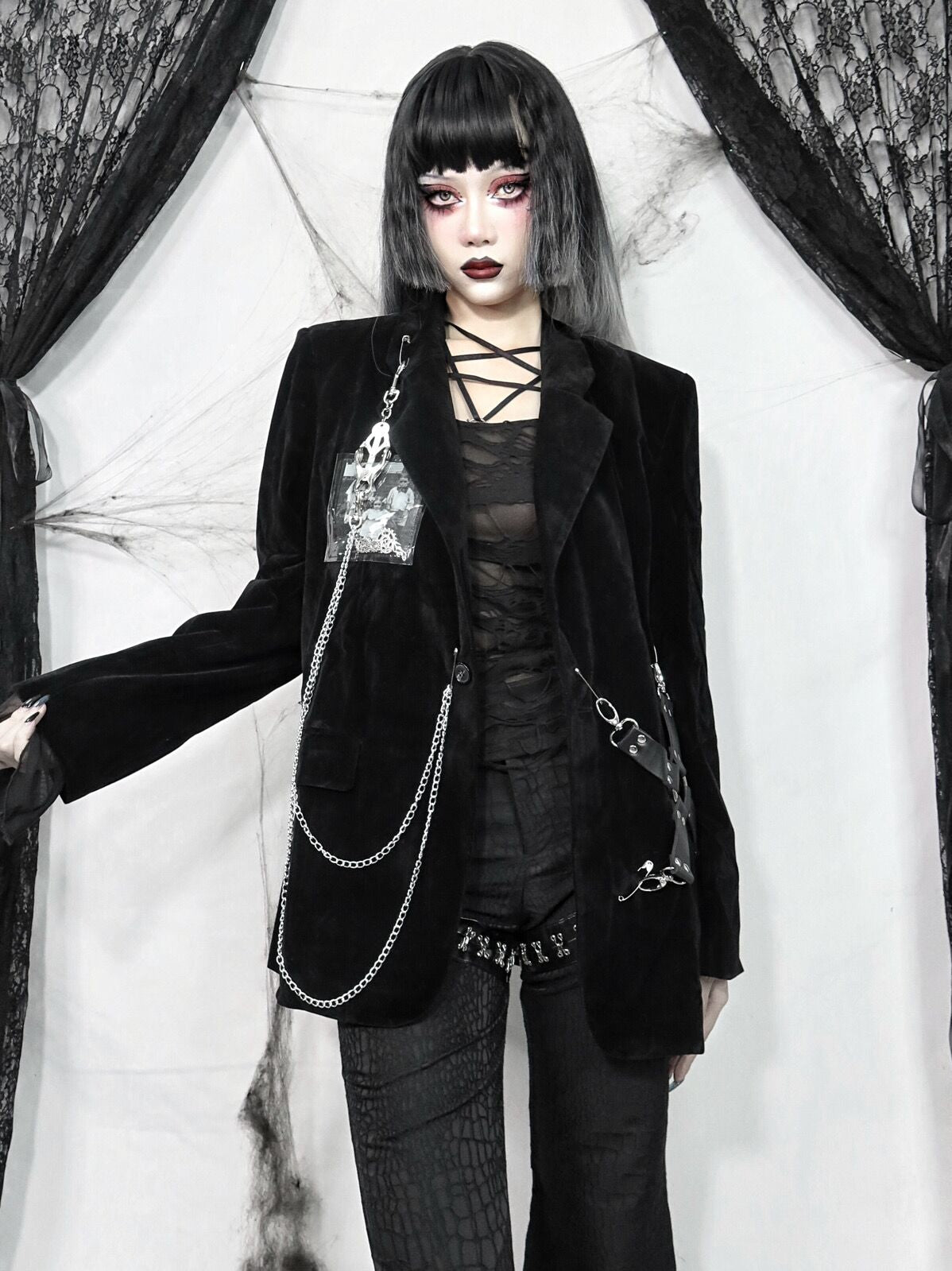 Gothic Style Dark Black Velvet Woolen Shoulder Pad Blazer Women