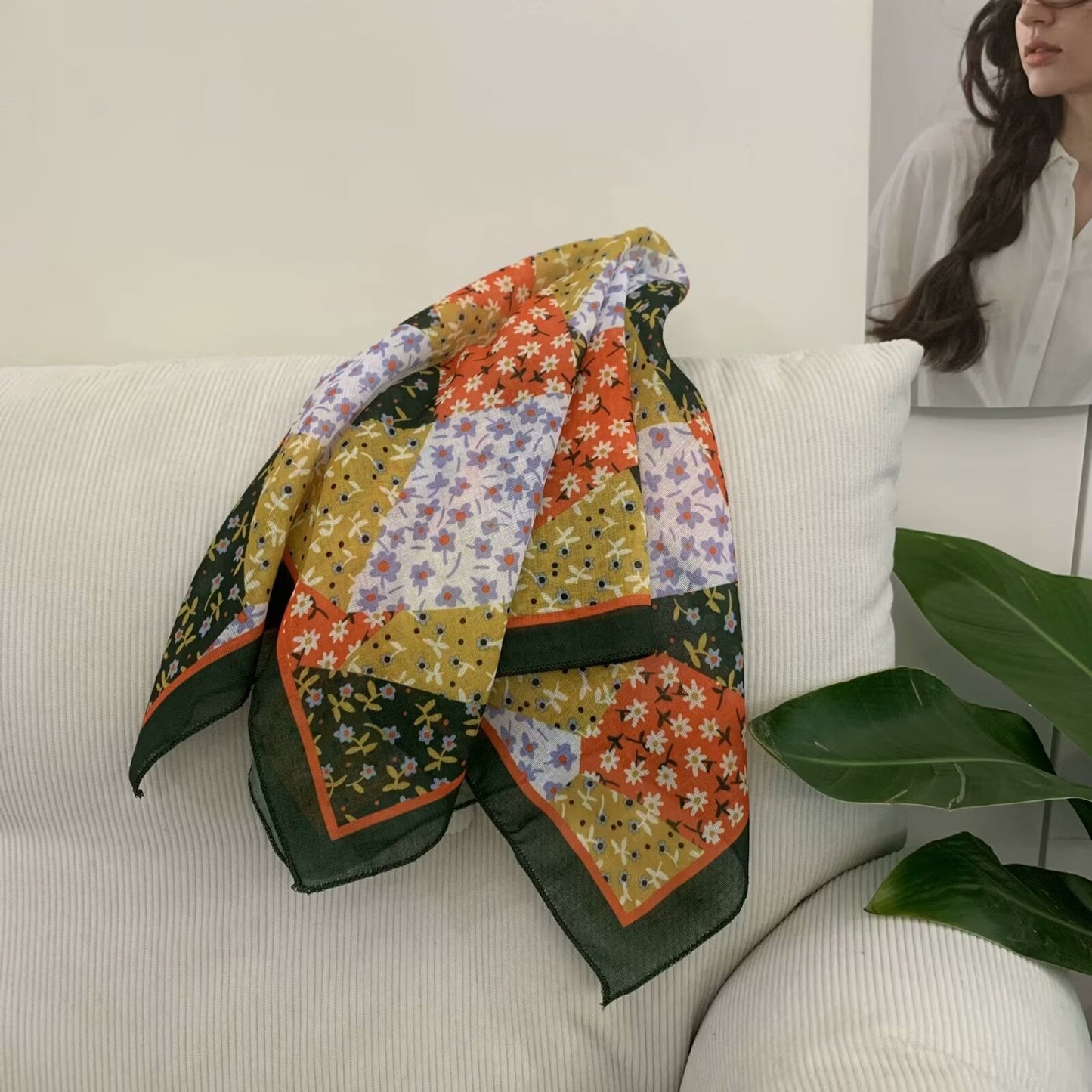 Korean-style Cashew Flower Cotton-Linen Square Scarf For Women