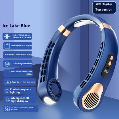 With Light Digital Display Leafless Halter Fan USB Portable Mute Lazy Student Outdoor Halter Fan