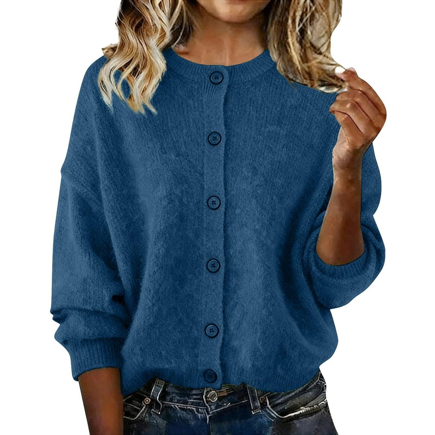 2025 European And American Cross-Border Autumn And Winter Women's Knitted Round Neck Long-Sleeved Pure Color Casual Fashion Knitted Cardigan