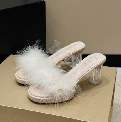 Women Furry Slide Sandals Outdoor Wear 2026 New Fairy Style One Strap Crystal Block Heel French High Heels For Dresses