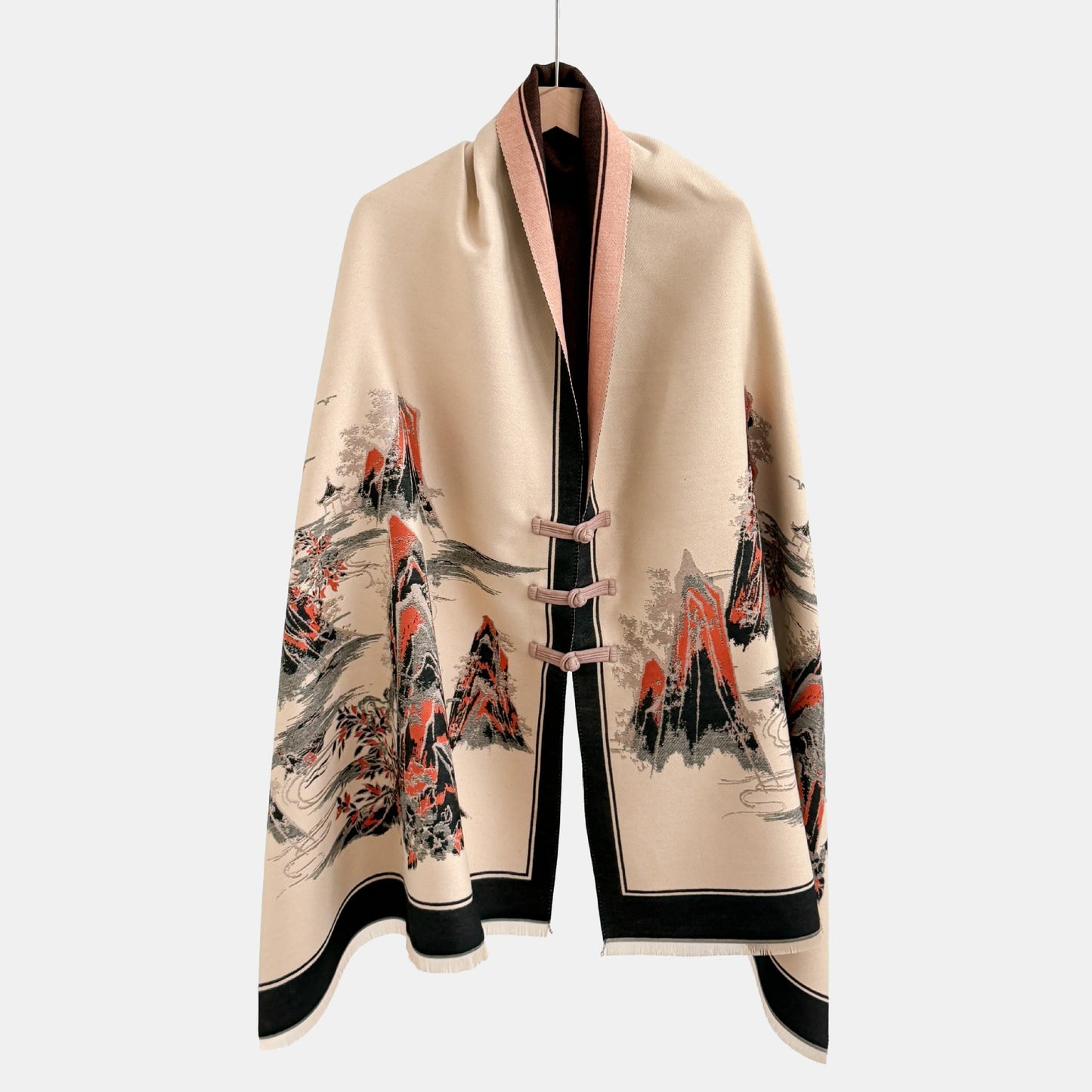 Vintage Knot-button Outerwear Jacquard Shawl