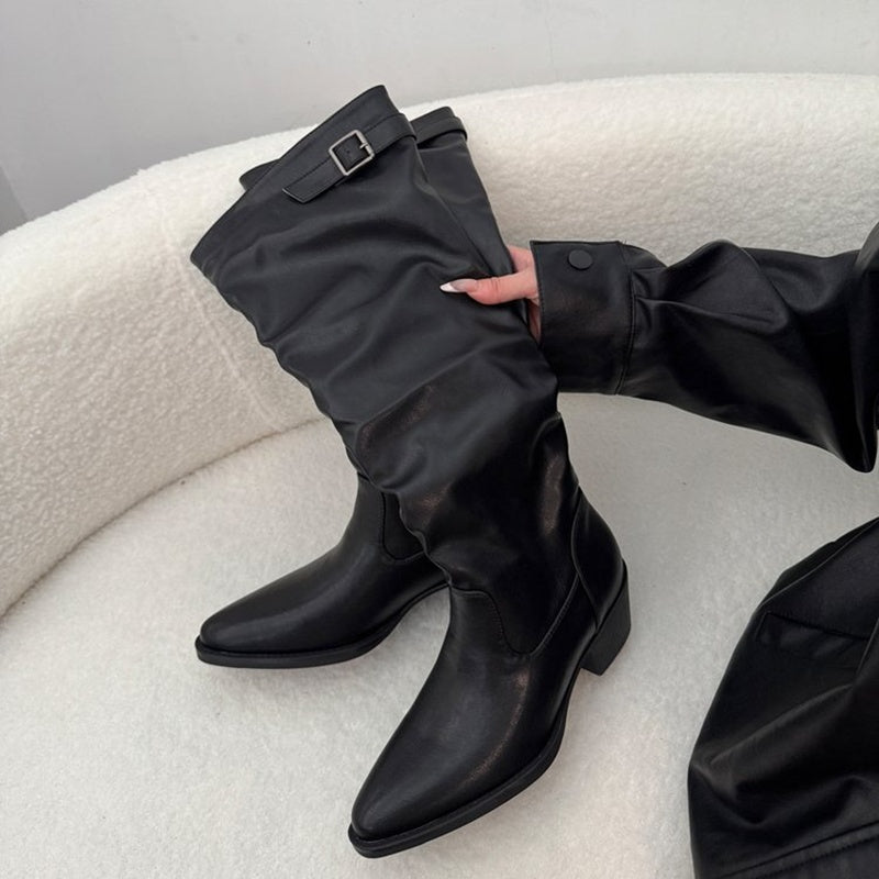 Women Beige Slouchy Knee High Boots Square Buckle Block Heel Pointed Toe Western Knight Boots