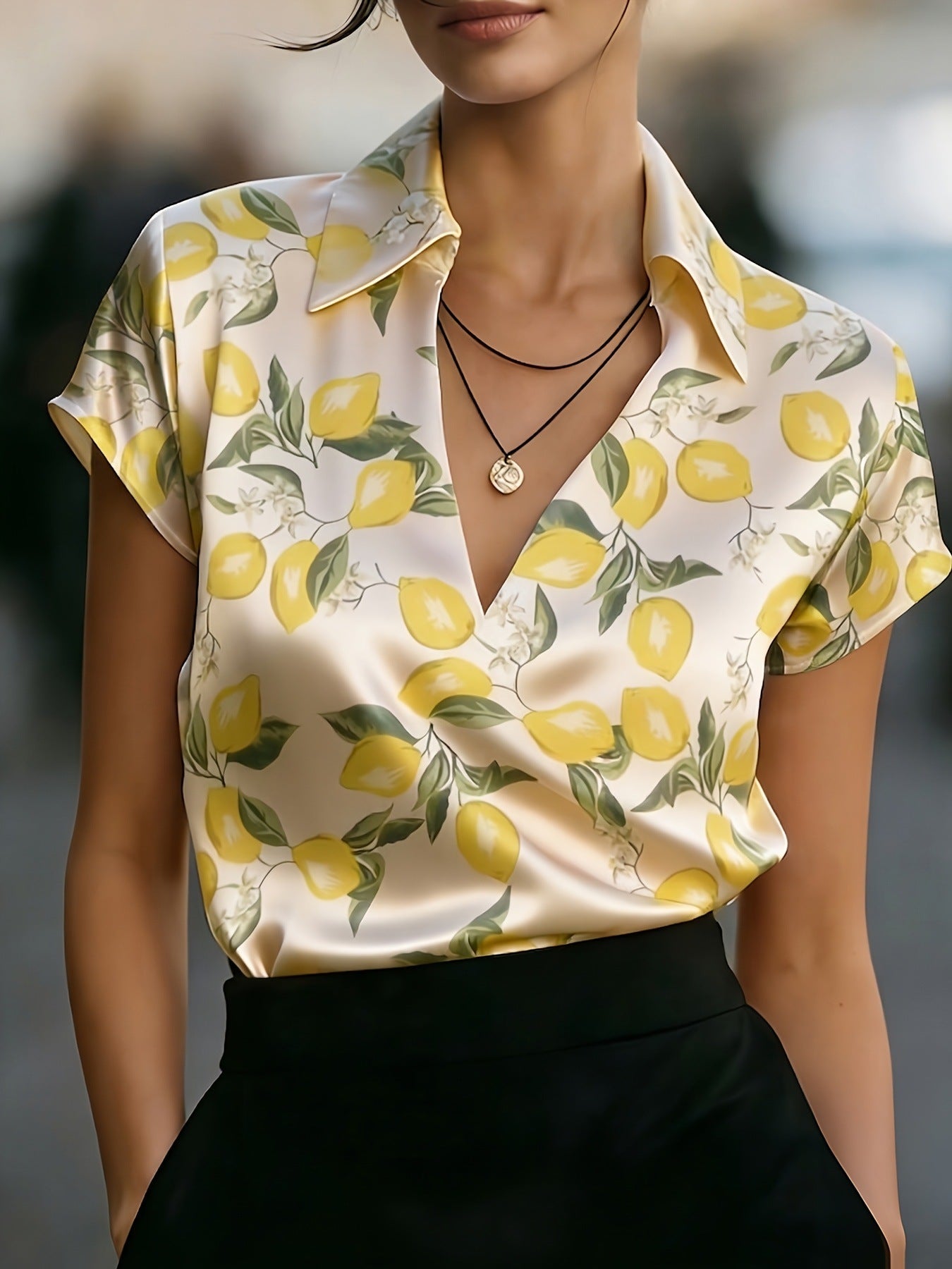 Fashion Satin V-neck Flower Print Short Sleeve