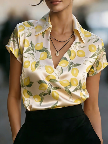 Fashion Satin V-neck Flower Print Short Sleeve