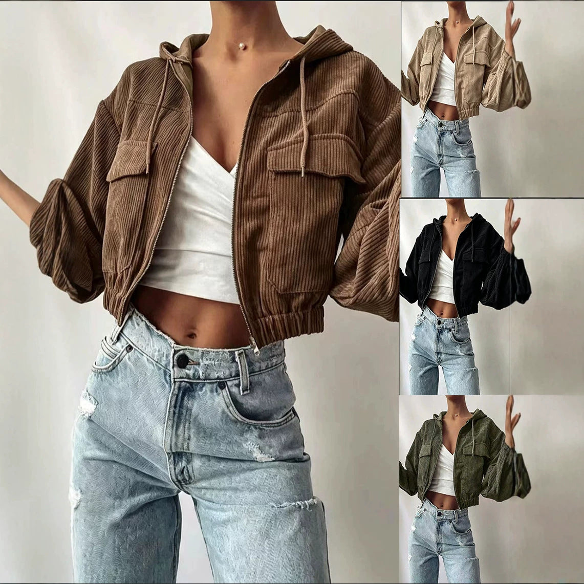 Womens Hooded Drawstring Short Jacket With Long Sleeves
