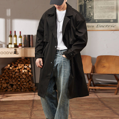 Mens Solid-color Versatile Mid-length Trench Coat