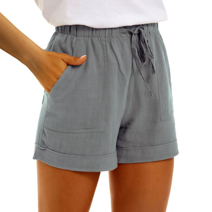 Cross-border Hot Sale Ladies Solid Color Cotton Linen Pocket Strap High Waist Casual Shorts