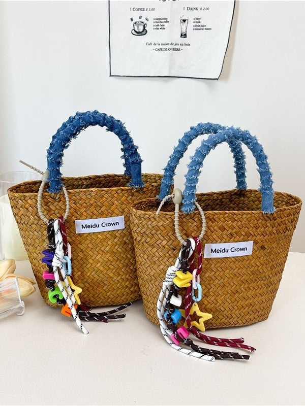 Color-block Minimalist Straw Beach Bag Wicker Basket Tote