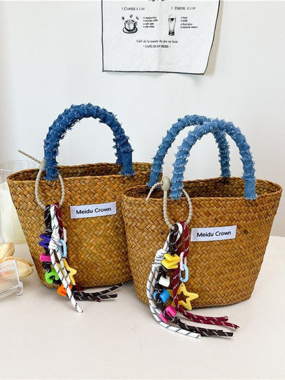 Color-block Minimalist Straw Beach Bag Wicker Basket Tote