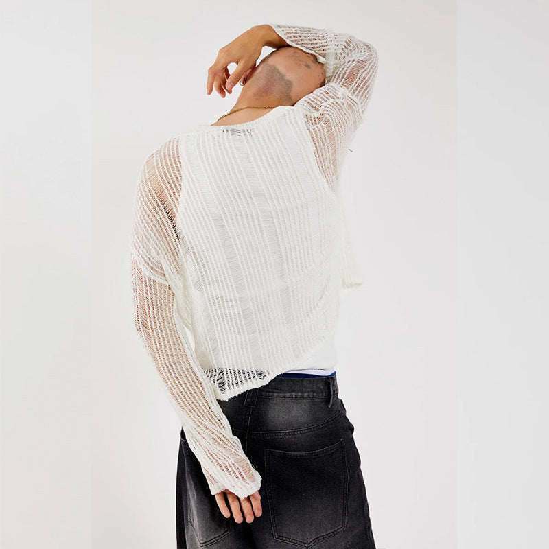 Mens Hollow-out Slightly Sheer Long-sleeve Top