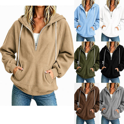 Womens Loose-fit Long-sleeve Half-zip Hooded Sweatshirt
