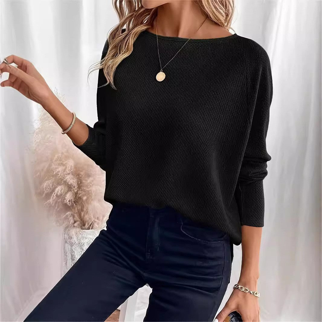 2025 Autum New Women's Clothing Knitted Tops Waffle Slanted Shoulder Pullover T-Shirt