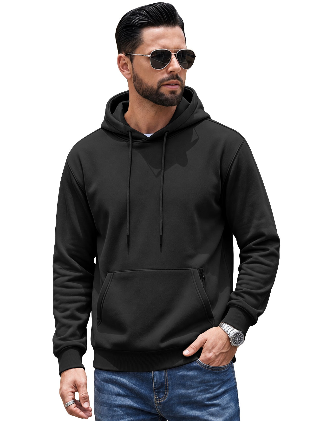 Cross-border TK Men's American Solid Color Drawstring Hoodie, Sports & Outdoor Sweatshirt With Anti-theft Side Zipper Kangaroo Pocket