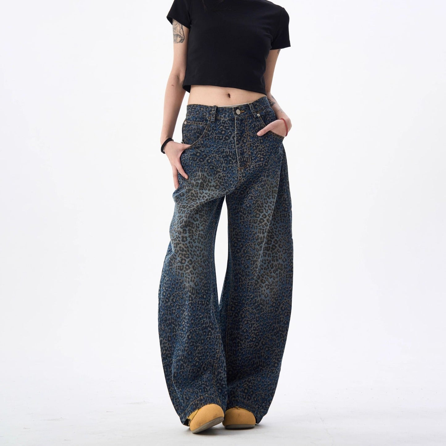 Retro Leopard-Print Bootcut Jeans For Women