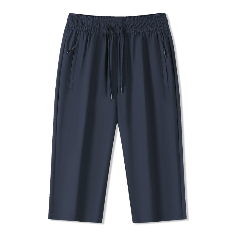 Solid Ice Silk Seven Length Casual Pants For Men Summer Cool Breathable Trousers 3 Zippered Pockets