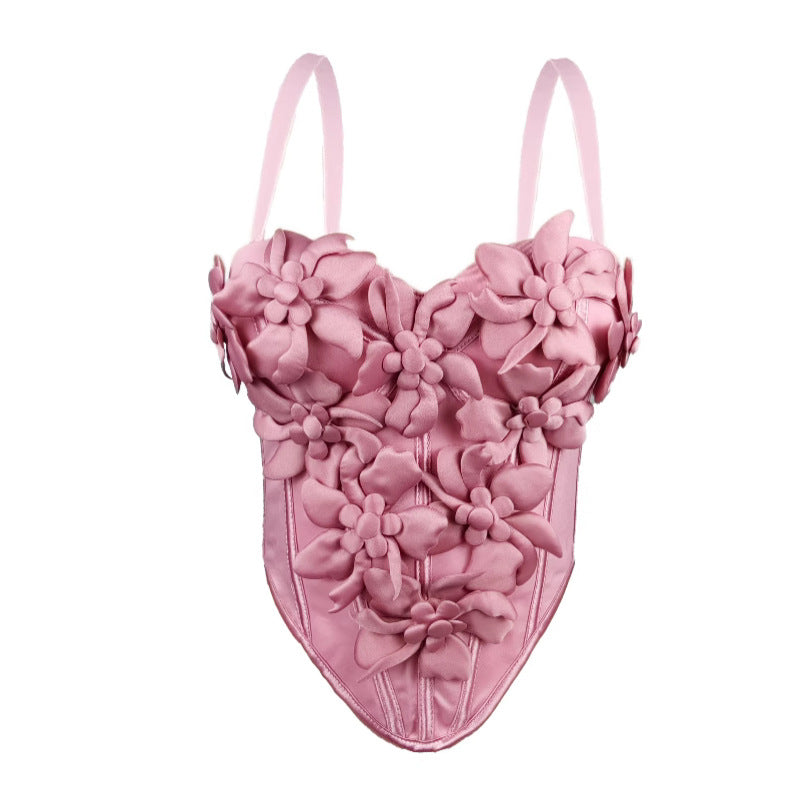 Cross-border Europe And The United States New Three-dimensional Flower Camisole Top Slim-fit Pure Desire Style Sexy Fish Bone Chest