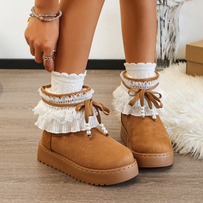 Lace Trim Bow Platform Snow Boots Women 2026 Winter New Sweet Fleece Lined Thickened Warm Cotton Boots