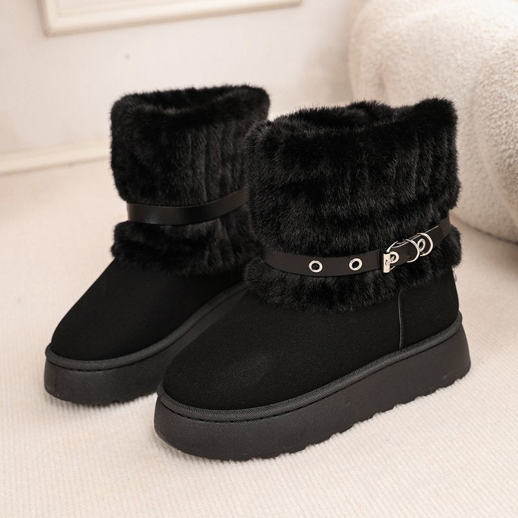 Women's Furry Strap Buckle Retro Warm Snow Boots, New 2025 Winter Platform Fleece Lined Thick Non-Slip Cotton Shoes