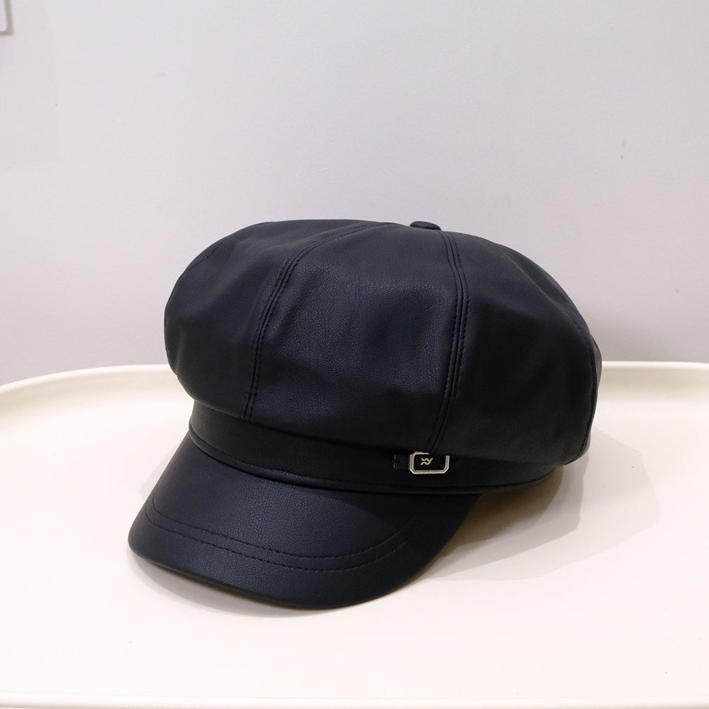 Fashionable Retro Matte PU Solid-color Newsboy Hat With Metal Label And Soft Leather Pumpkin Hat For Autumn Winter, Classic British Style, Versatile For All Occasions