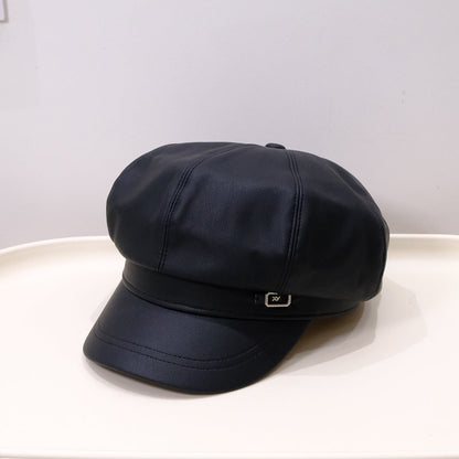 Fashionable Retro Matte PU Solid-color Newsboy Hat With Metal Label And Soft Leather Pumpkin Hat For Autumn Winter, Classic British Style, Versatile For All Occasions