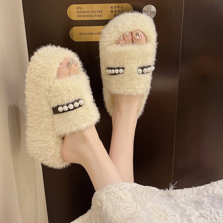 Women's Furry Slide Slippers, New Korean Style Outdoor Wear Pearl Platform Warm Cotton Slippers For Autumn Winter And Spring Summer