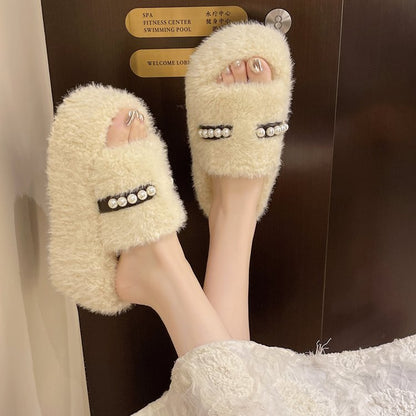 Women's Furry Slide Slippers, New Korean Style Outdoor Wear Pearl Platform Warm Cotton Slippers For Autumn Winter And Spring Summer
