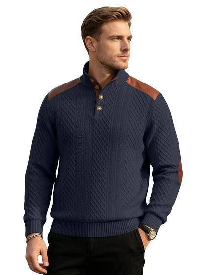 Cross-border Men's American Textured Jacquard Collared Knit Sweater With Shoulder Patchwork Loose Long-sleeve Pullover Sweatshirt