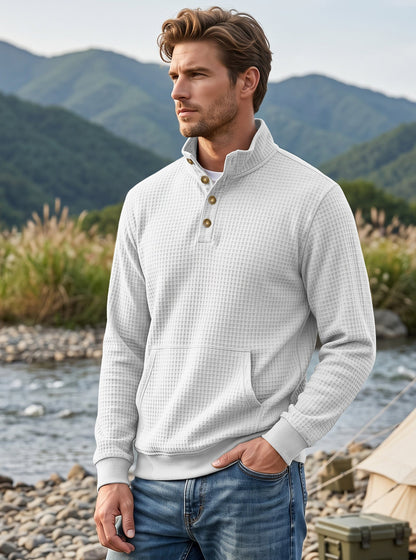 Men's Autumn & Winter Waffle Solid Color Half-Zip Stand Collar Pullover, Foreign Trade Long Sleeve Casual Sweatshirt