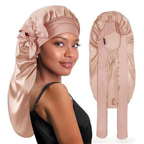 Long Double-layer Silk Sleep Cap Long-tube Hat With Elastic Brim Made From Mulberry Silk