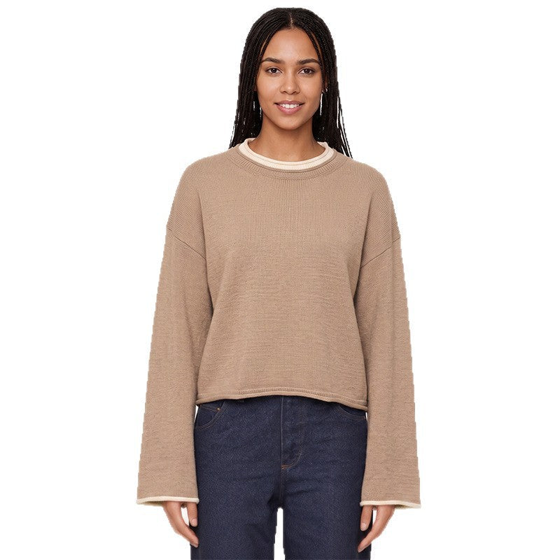 Womens Pullover Sweater Loose-Fit Round-Neck Casual Knit Top