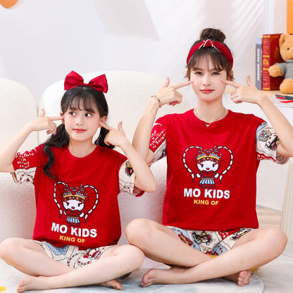 Children's Cotton Short-sleeved Home Wear Suit Parent-child Mother-daughter Home Cartoon Princess 2-piece Summer Thin Cotton