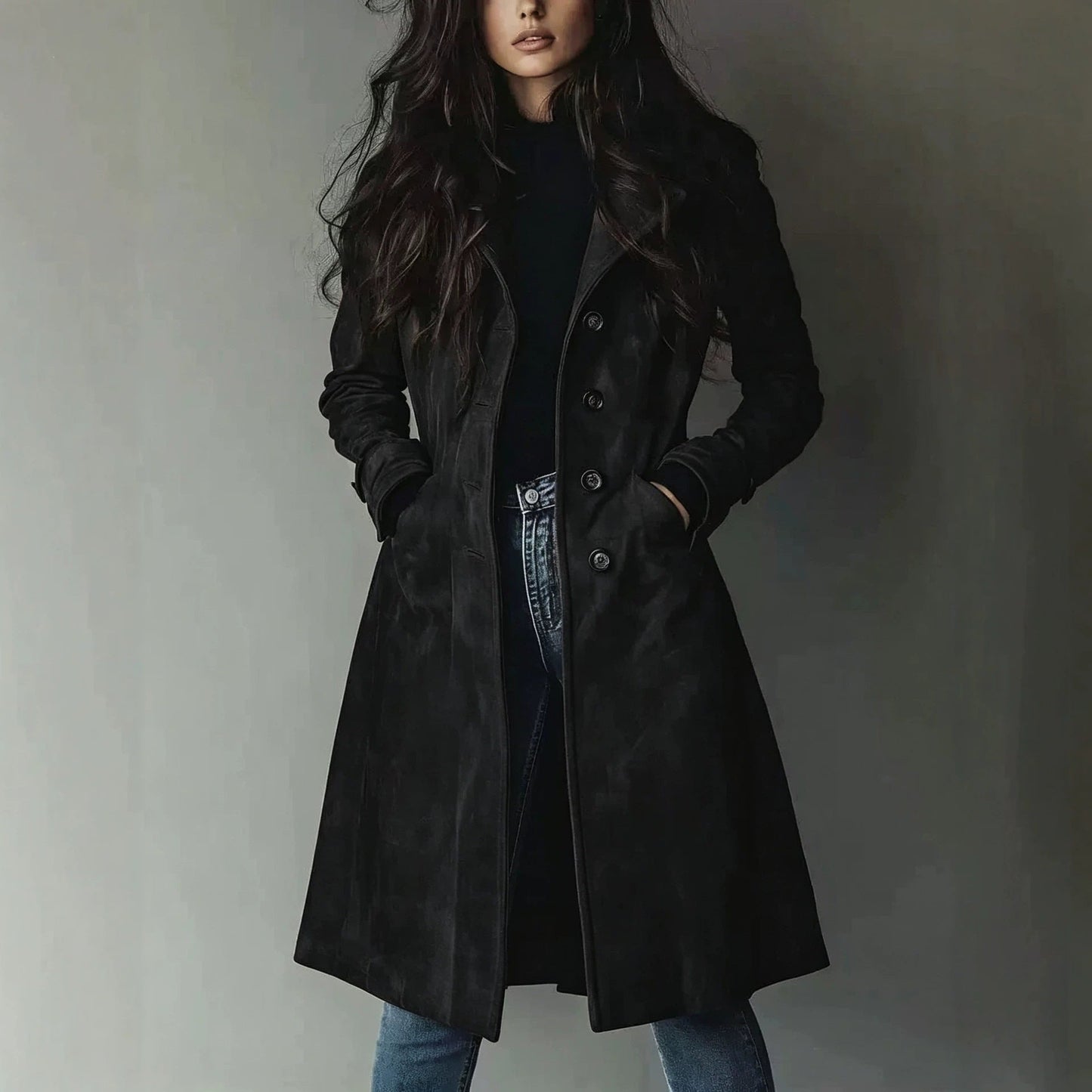 High Quality European American Style Women's Fall Winter Lapel Suede Mid-Length Trench Coat
