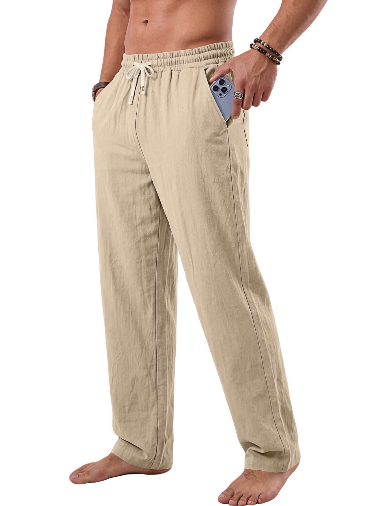 Men's American Style Washed Crinkled Linen Cotton Trousers, US Size, Summer Vacation Outdoor Beach Straight-Leg Pants For AliExpress